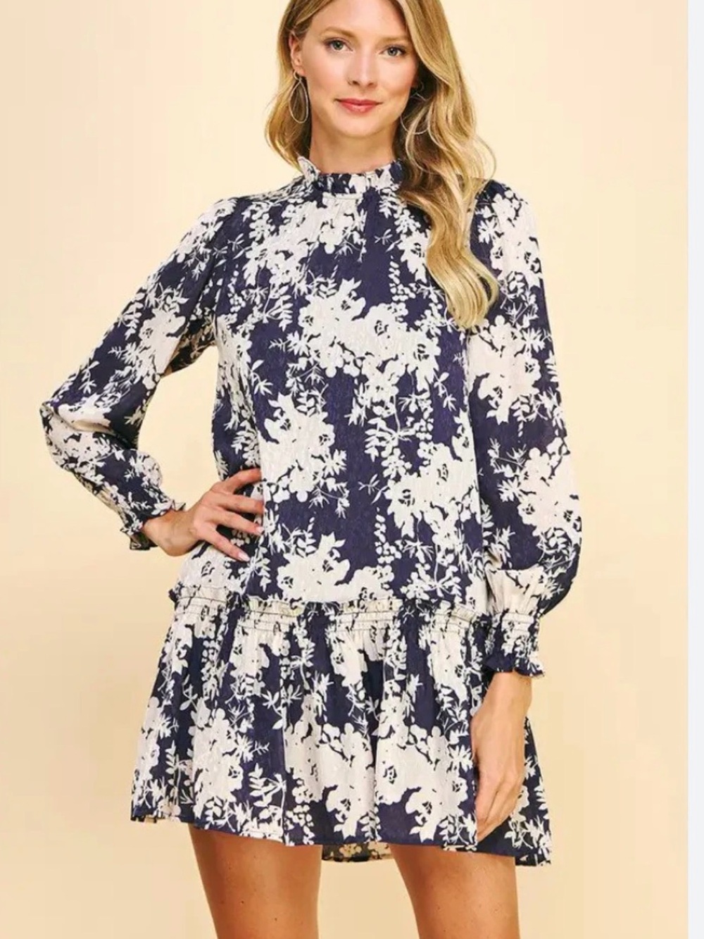 Pinch Navy & White Floral Mock Neck Mini Dress – Long Sleeve Size Small